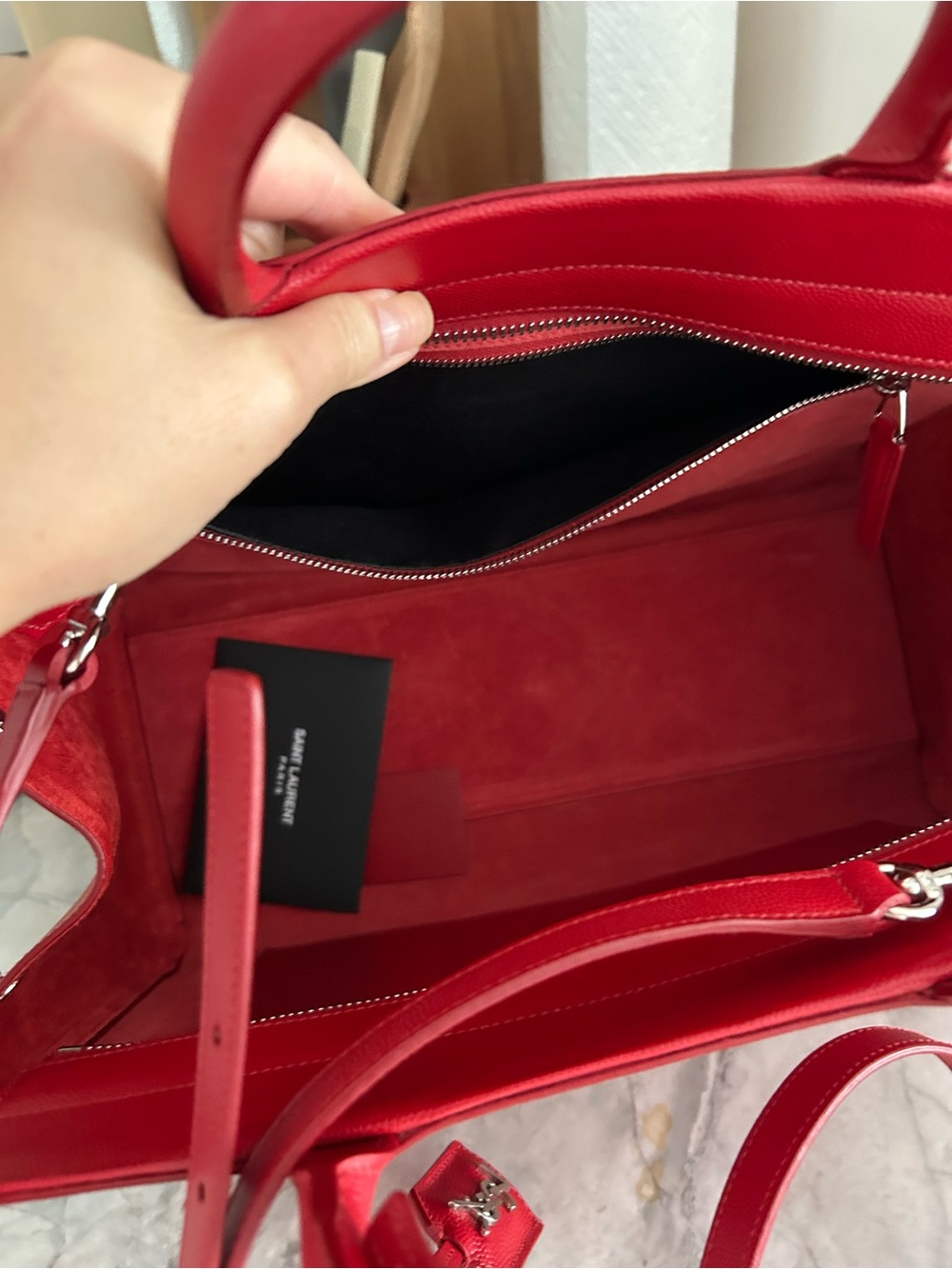 Saint Laurent Red Structured Satchel with YSL Tag - Picture 7 of 7